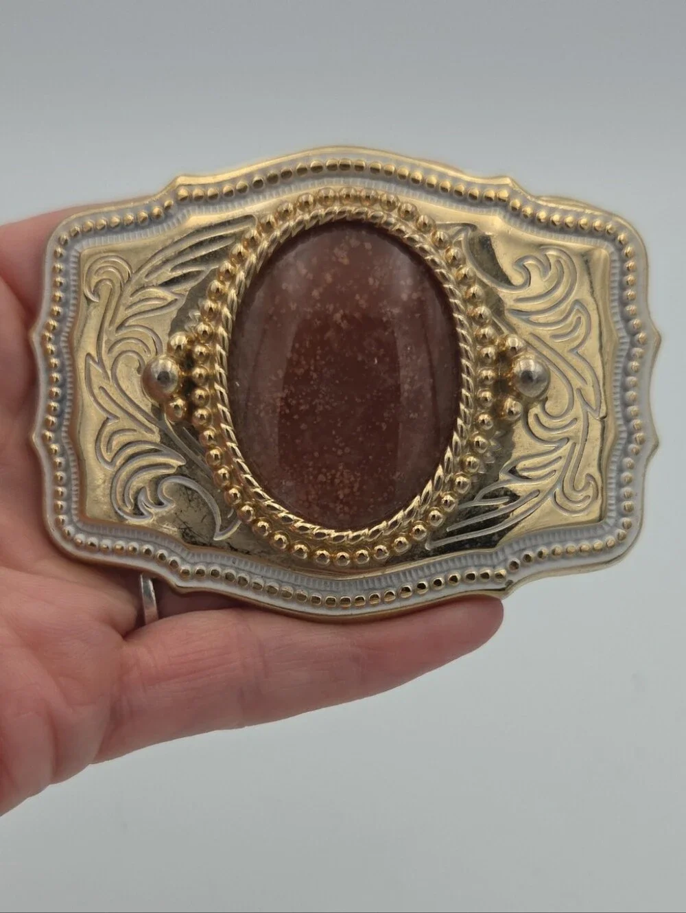 Vintage-Style Gold and Brown Stone Western Belt Buckle